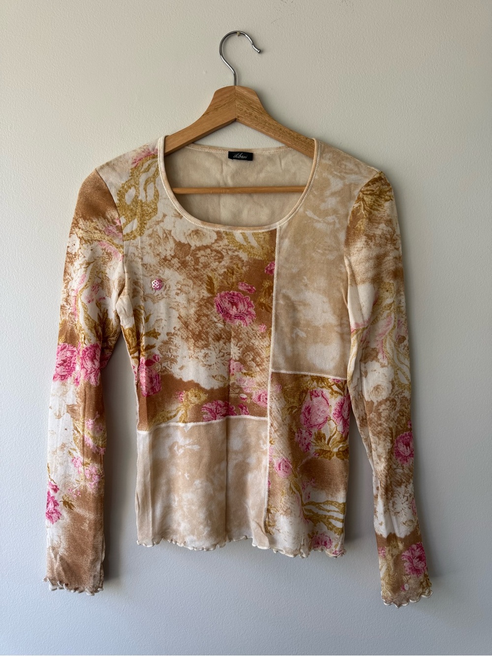 Dibari Beige & Pink Floral Patchwork Long Sleeve Top